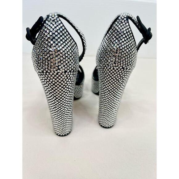 Prada Black Platform Rhinestone Block Heel Open Toe Ankle Strap Heels EU 37 FLAW - Picture 9 of 11